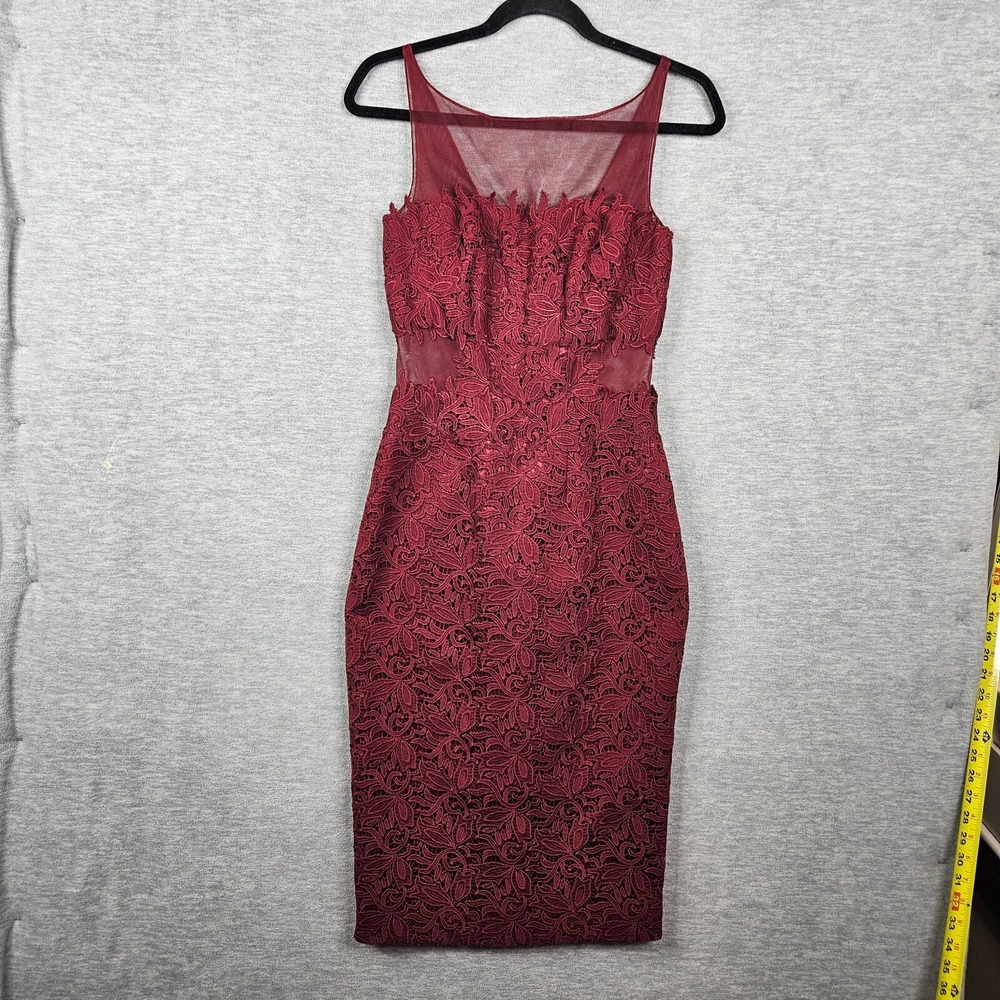 ML Monique Lhuillier Burgundy Lace Sheath Dress Sheer Overlay & Back Zip Size 0